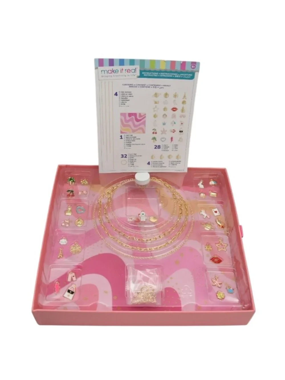 Make It Real DIY Charm Necklace Kit Chains 70 Piece 28 Charms Jump Rings Chains